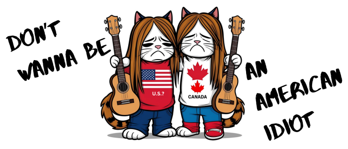 cartoon cats with guitars wearing US and Canada shirts